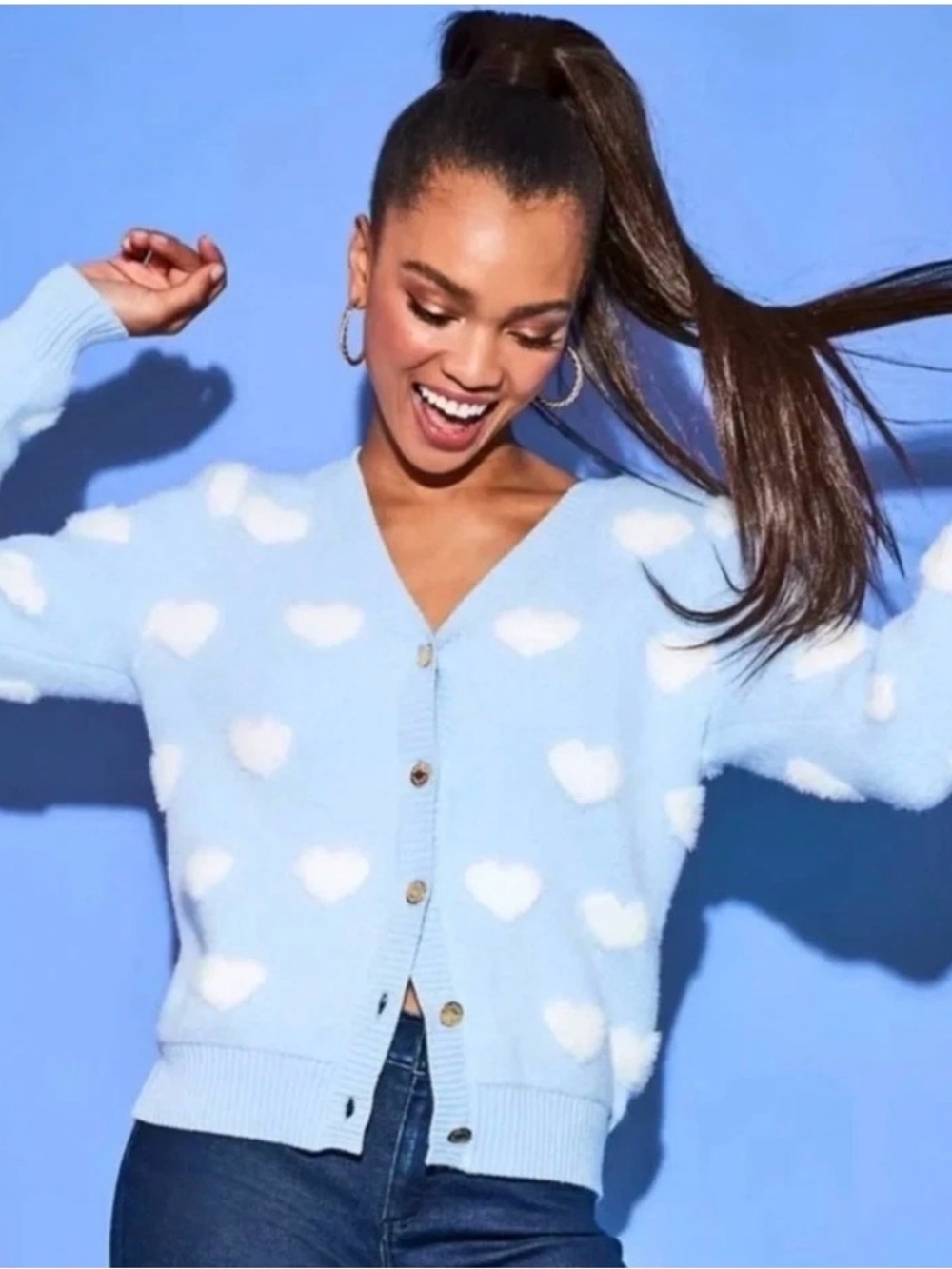 Lilly Pulitzer Keane Cardigan V Neck Brava Blue Hearts Jacquard Womens Large EUC